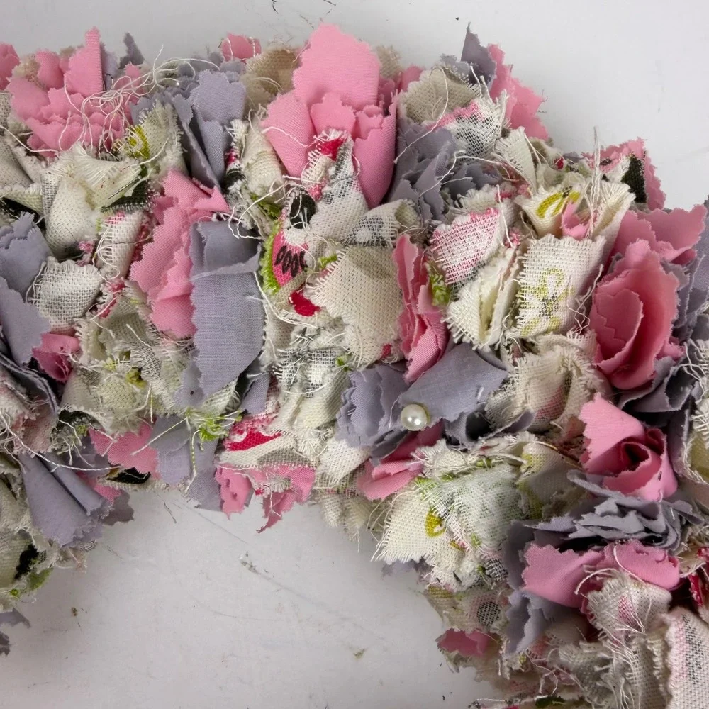 Handmade Shabby Chic Owl Rag Wreath Pink Grey Burlap Roses Nursery Decor 12